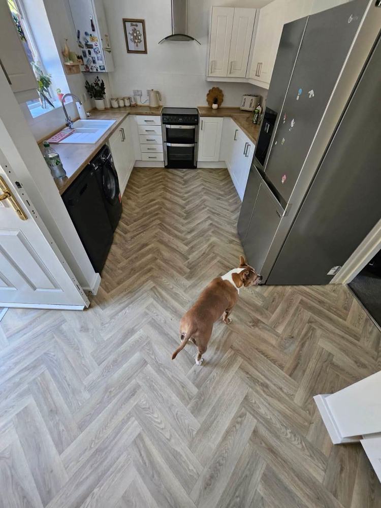 Grey herringbone vinyl kitchen flooring fitted by BDL Carpets & Vinyl, Sheffield