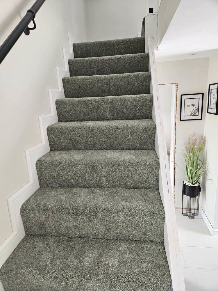 Grey-green stair carpet fitted on a Sheffield staircase
